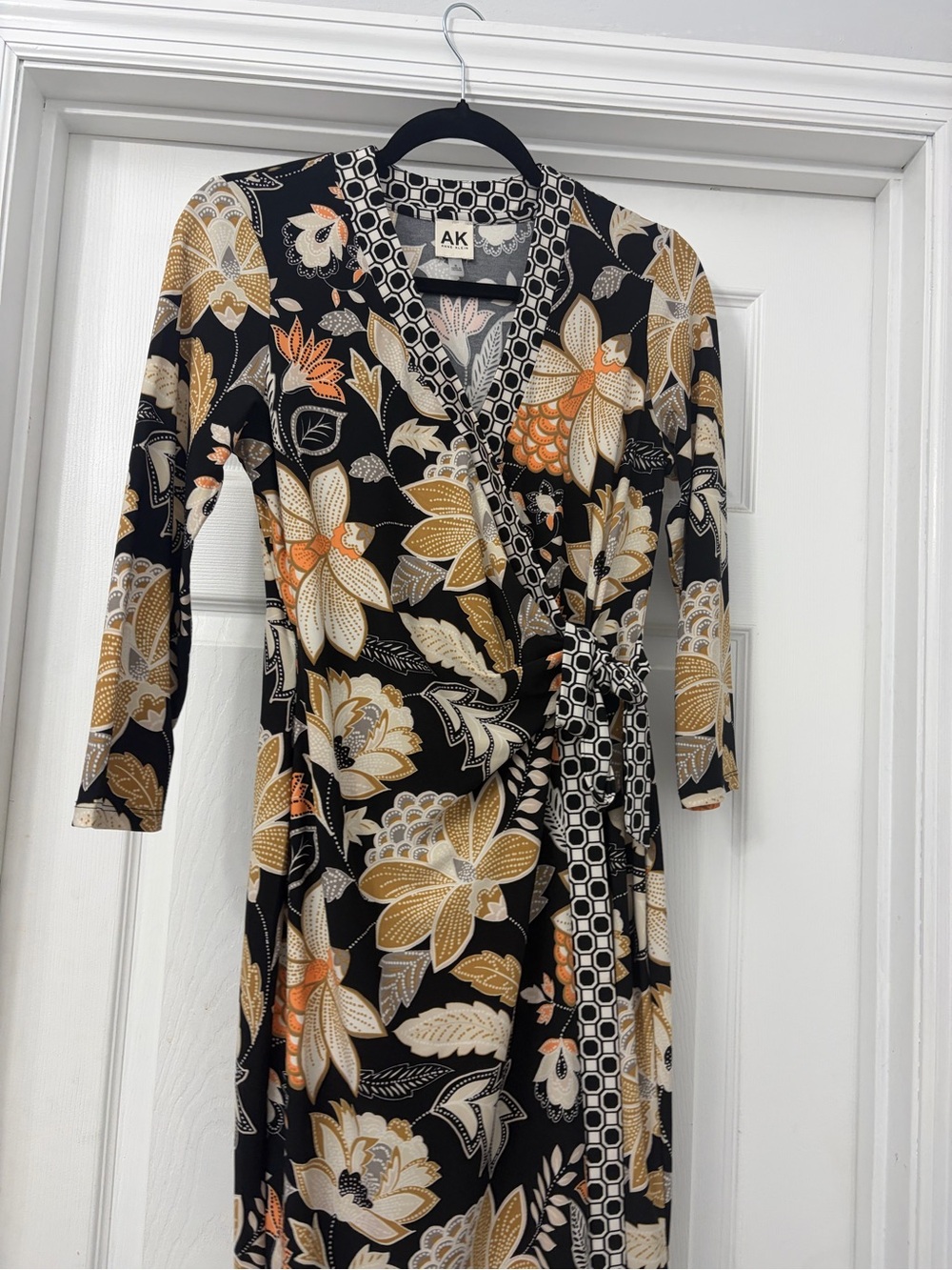 Anne Klein Black Floral Wrap Midi Dress with Gold and Orange Accents